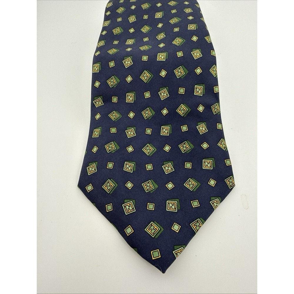 VTG Fendi Necktie Men's Navy Blue FF Monogram Print 100% Seta Silk Classic